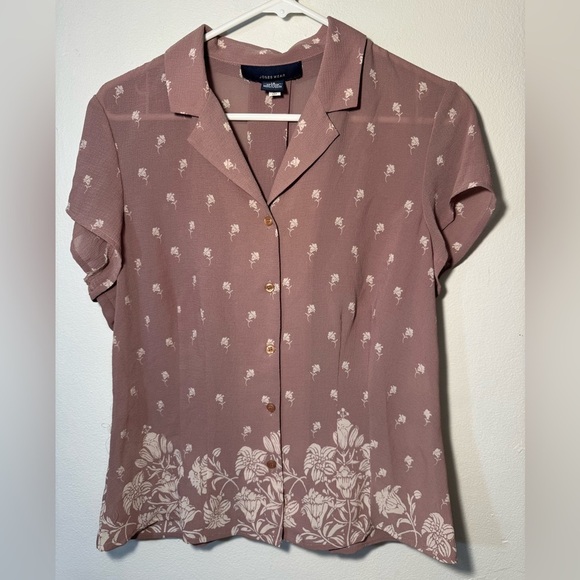 Jones Wear Tops - Jones Wear Floral Print Button-Down Shirt Short Sleeve Blouse Mauve Size 12